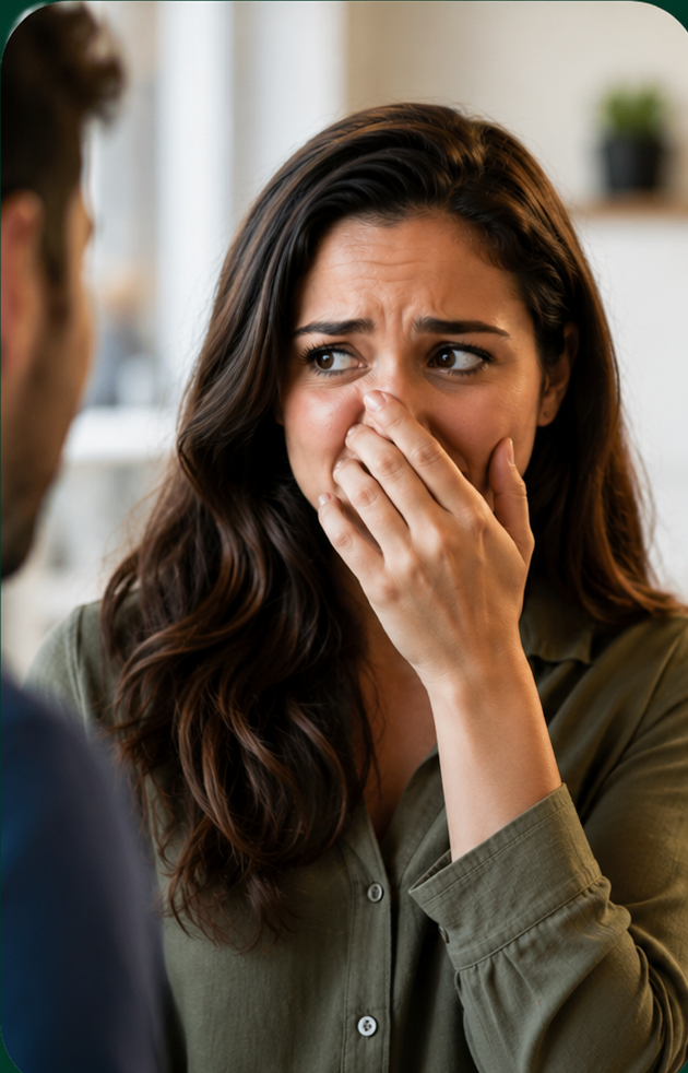 Person worried about bad breath during a conversation